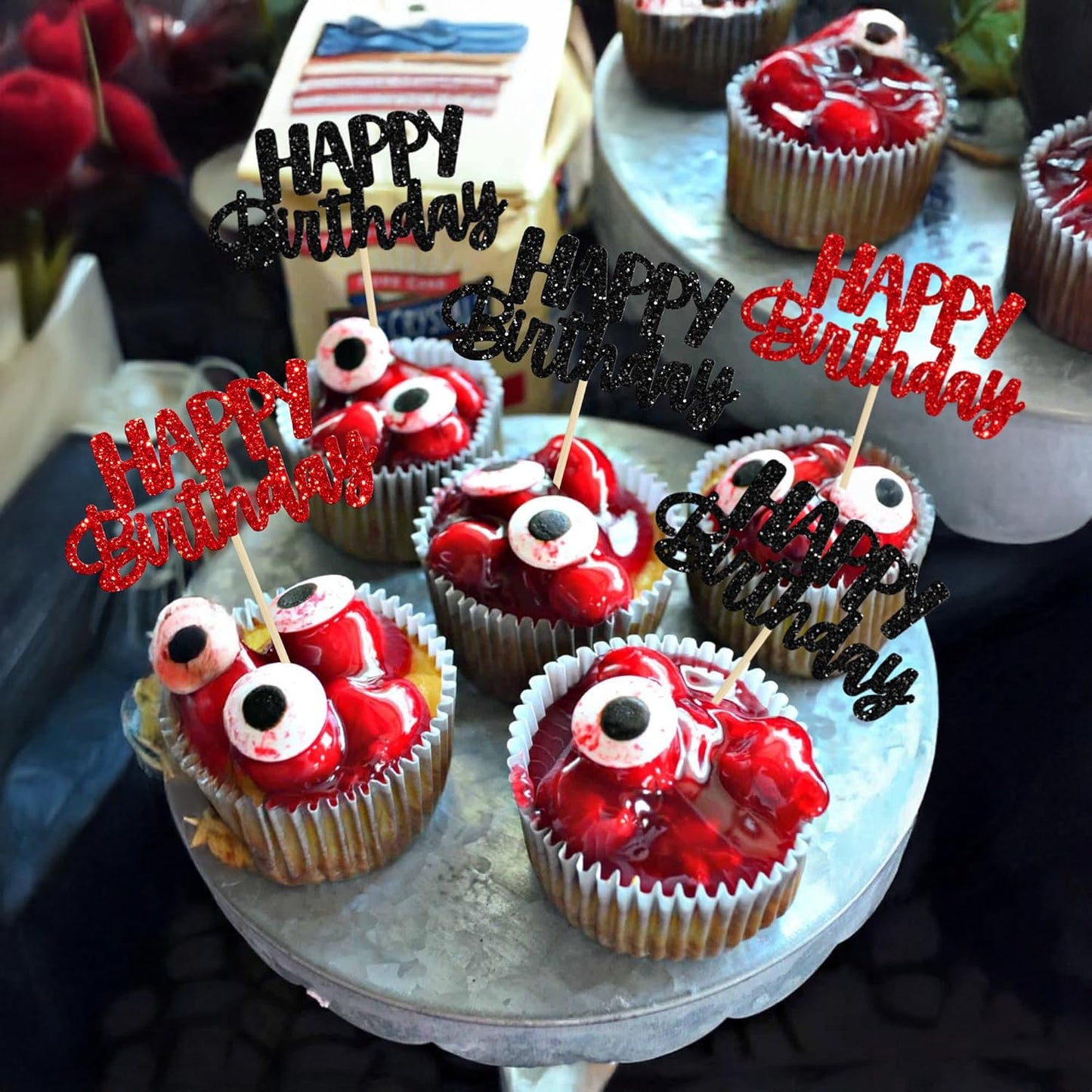 Gyufise 24Pcs Happy Birthday Cupcake Toppers Glitter Birthday Cupcake Food Picks for Celebrating Happy Halloween Theme Party Cake Decorations Supplies Black Red