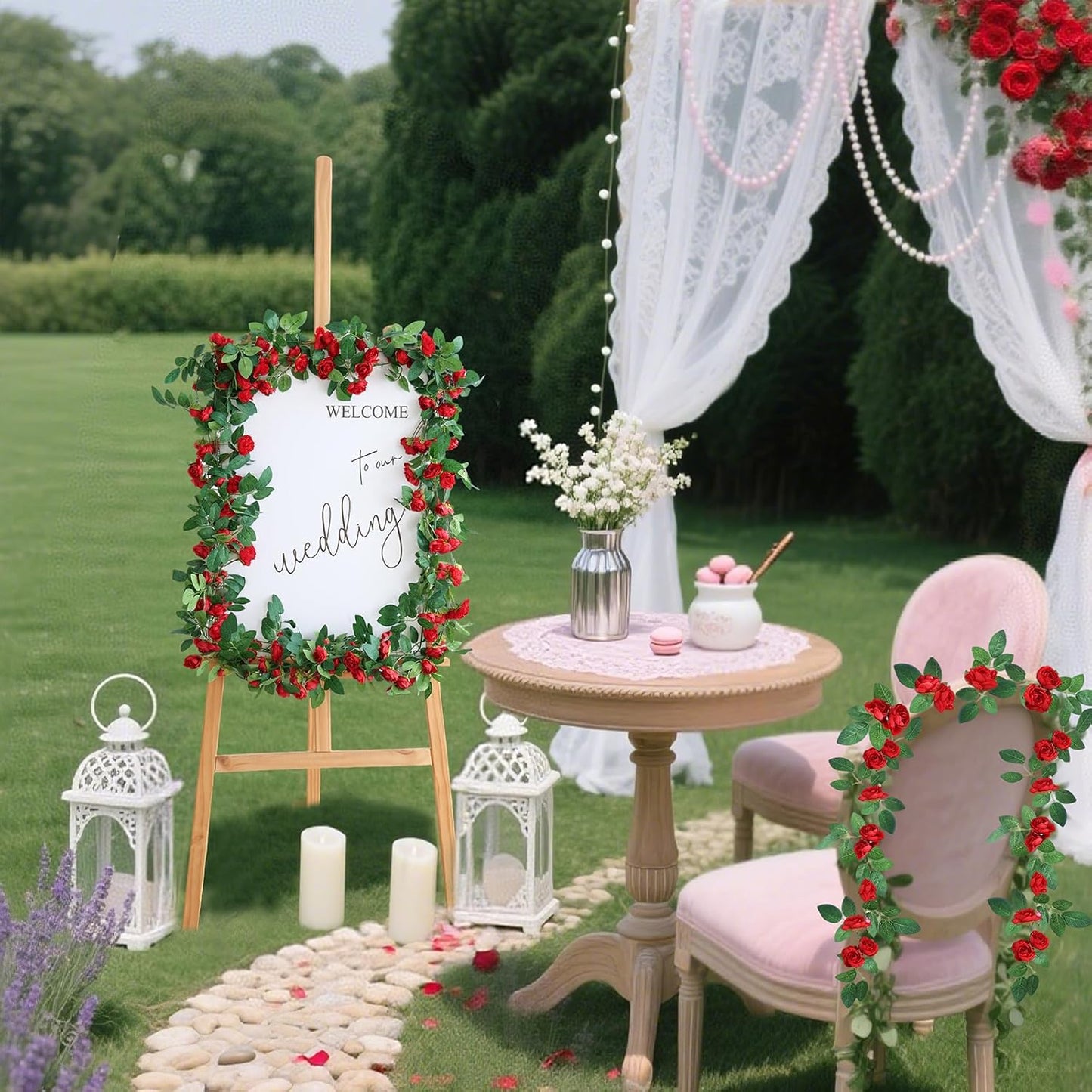 4 Packs Artificial Rose Garland: 31.48Ft Each Fake Flower Vine with Improved Color & 10 Ties for Wedding Arch Backdrop, Home Wall Party Decor, Christmas Decor, Red