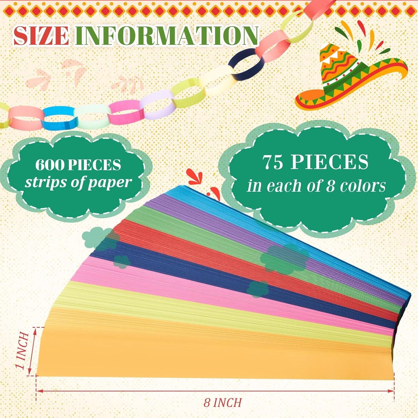 Lincia 600 Sheet Halloween Paper Chain Garland, Construction DIY Crafts Chain Strip for Fall Thanksgiving Party Decor, 1x8 Inch with Double Sided Tape (Mexican Festival)