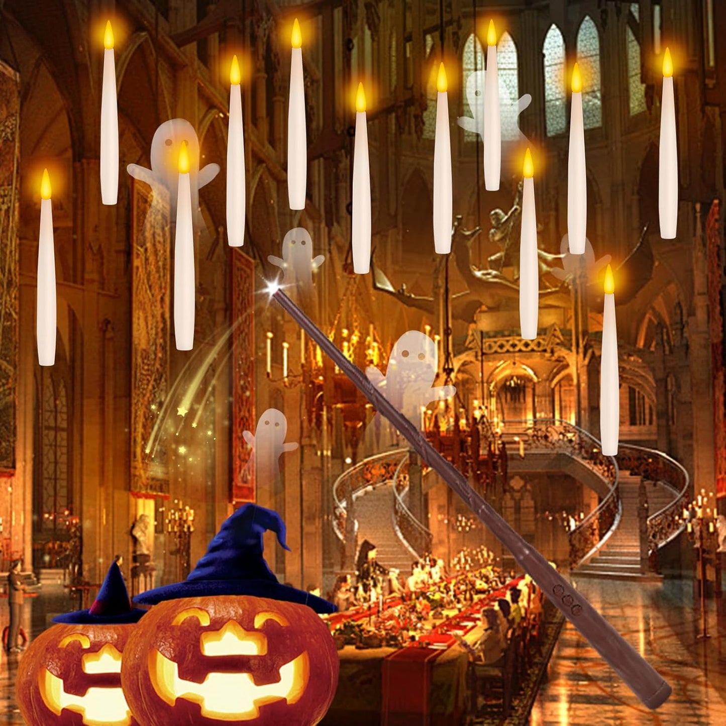 NURADA Floating Candles with Wand Remote Timer - Magic LED Hanging Flameless Taper Candles Flickering Battery Operated for Birthday Theme Party Halloween Home Window Decor - White 12 Pack
