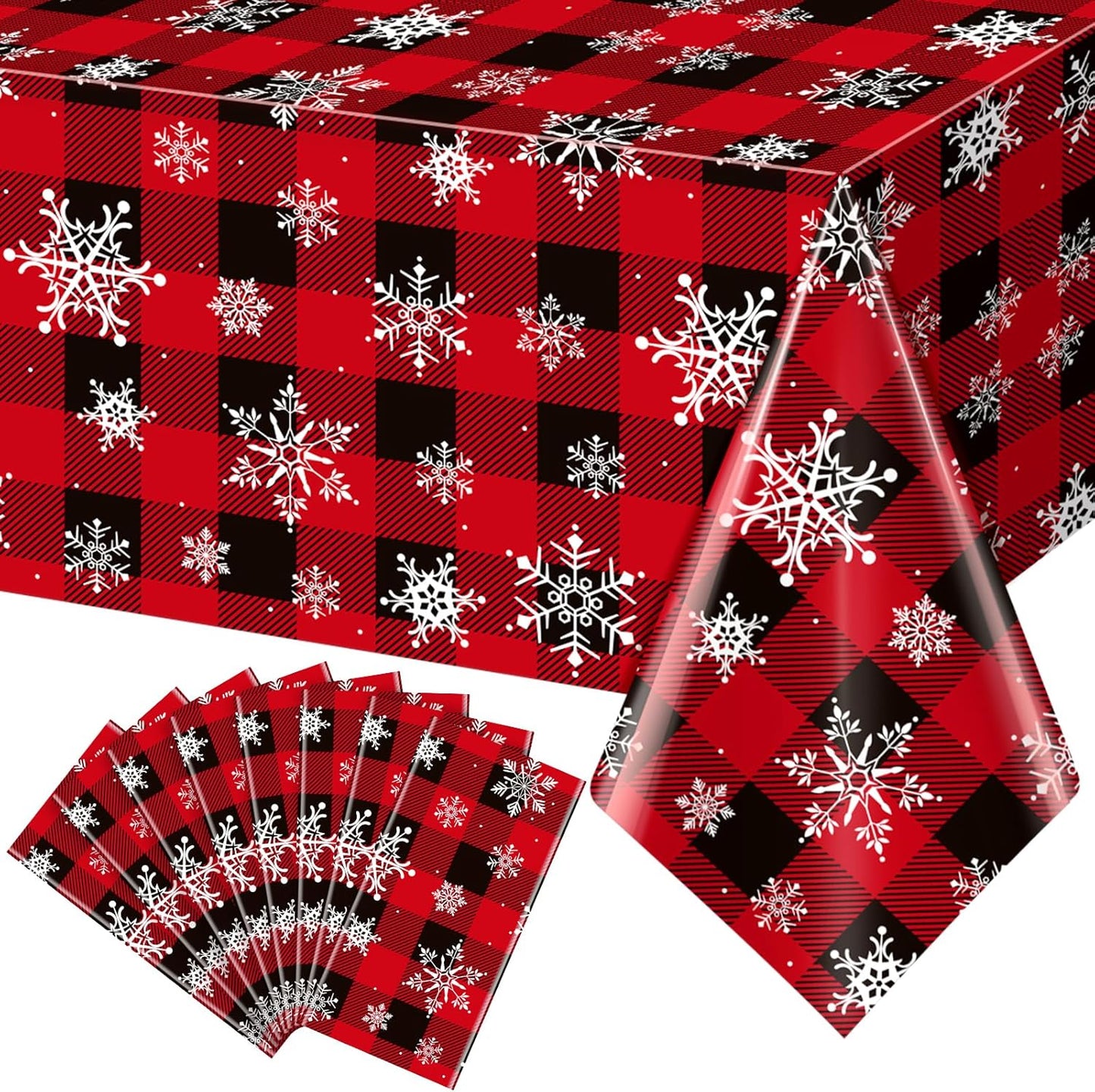 8 Pieces Red and Black Buffalo Plaid Merry Christmas Party Tablecloth Decorations,Plastic White Snowflake Buffalo Plaid Sign Table Cover for Winter Christmas Holiday Party Supplies,54x108 inch