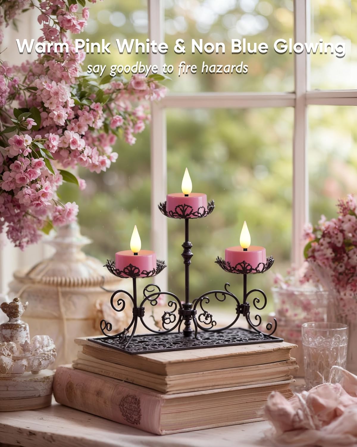 Amagic Flameless Pink Timer Remote Tealights Candles, 3D Black Wick Flickering Tea Light, 400+Hour Colored Votive Candles Battery Operated, Set of 12 for Romantic Wedding Decor, Baby Showers, Proposal