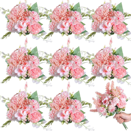 Zeyune 8 Pcs Wedding Silk Flowers Fake Silk Flowers Faux Bouquet Hydrangea Bouquets for Wedding Birthday Party Table Centerpieces Home Decoration(Pink,Peony)