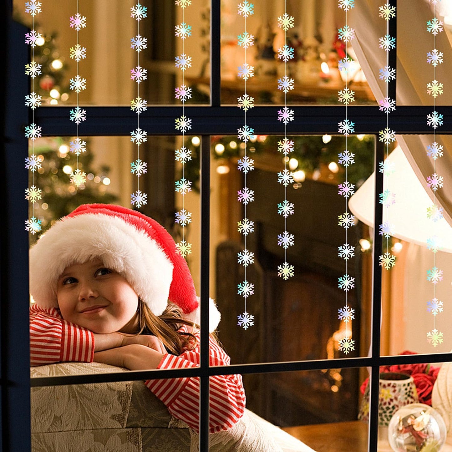 Snowflake-Snow Iridescent-Holographic Christmas Party-Decoration Garland - 52ft Winter Wonderland Frozen Ornaments Hanging Paper Streamers,New Years Birthday Baby Shower Dance Ceiling Decor Hugfond