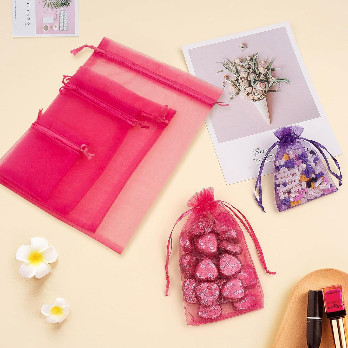 50 Pcs Hot Pink Organza Bags, 4x6 Inch Small Mesh Bags Drawstring Jewelry Pouch Bag Gift Bag Bulk for Wedding Party Favor