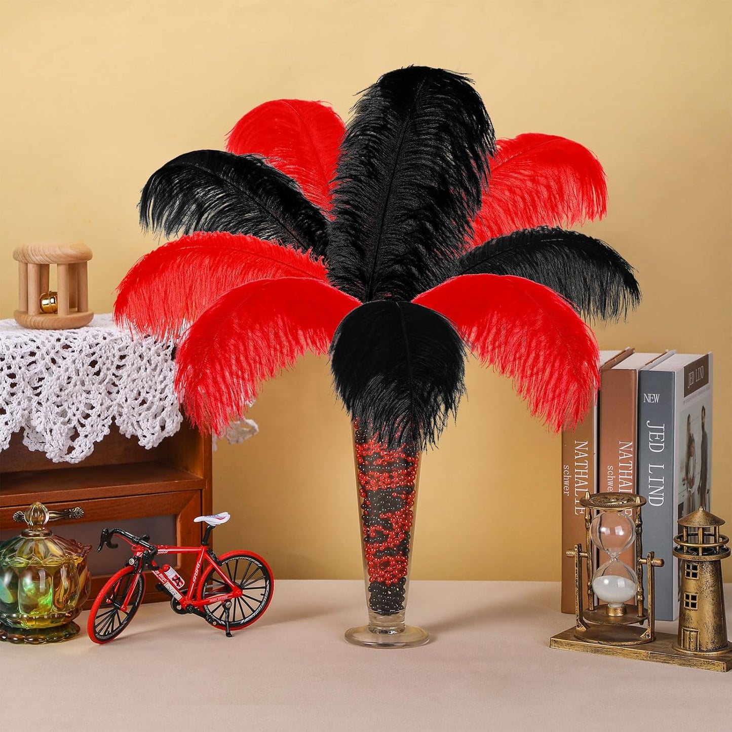 6 Sets Wedding Table Centerpiece Accessories Including 159 Pieces Natural Ostrich Feather Bulk Plastic Vases and Beads Necklaces for Wedding Home Party Centerpiece Supplies(Black, Red)