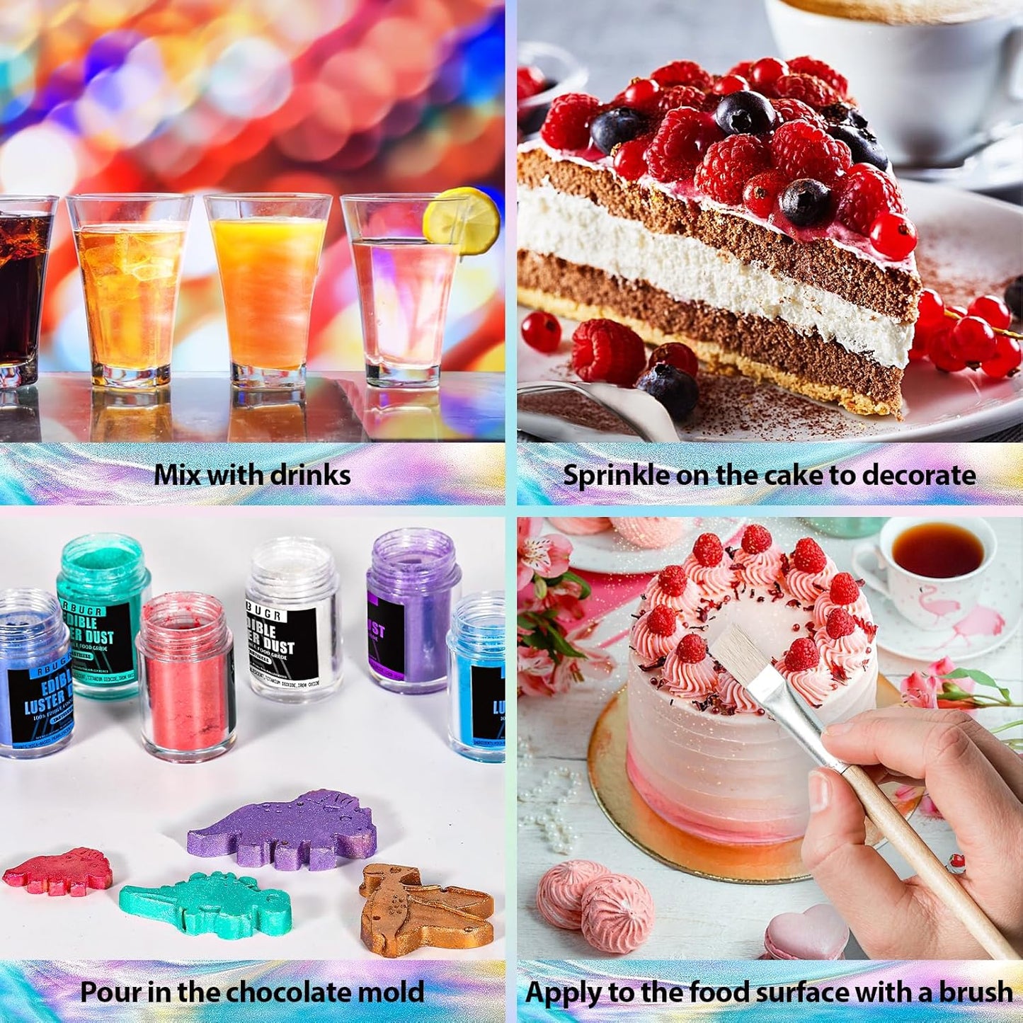 RBUGR Edible Glitter Set, 6 Colors Edible Luster Dust, Food Grade Drink Glitter Edible Dust, Sprinkles Cocktail Glitter, Shimmering Powder Glitter for Fondant, Candy, Vegan Cake Decorating（4g/0.14oz）