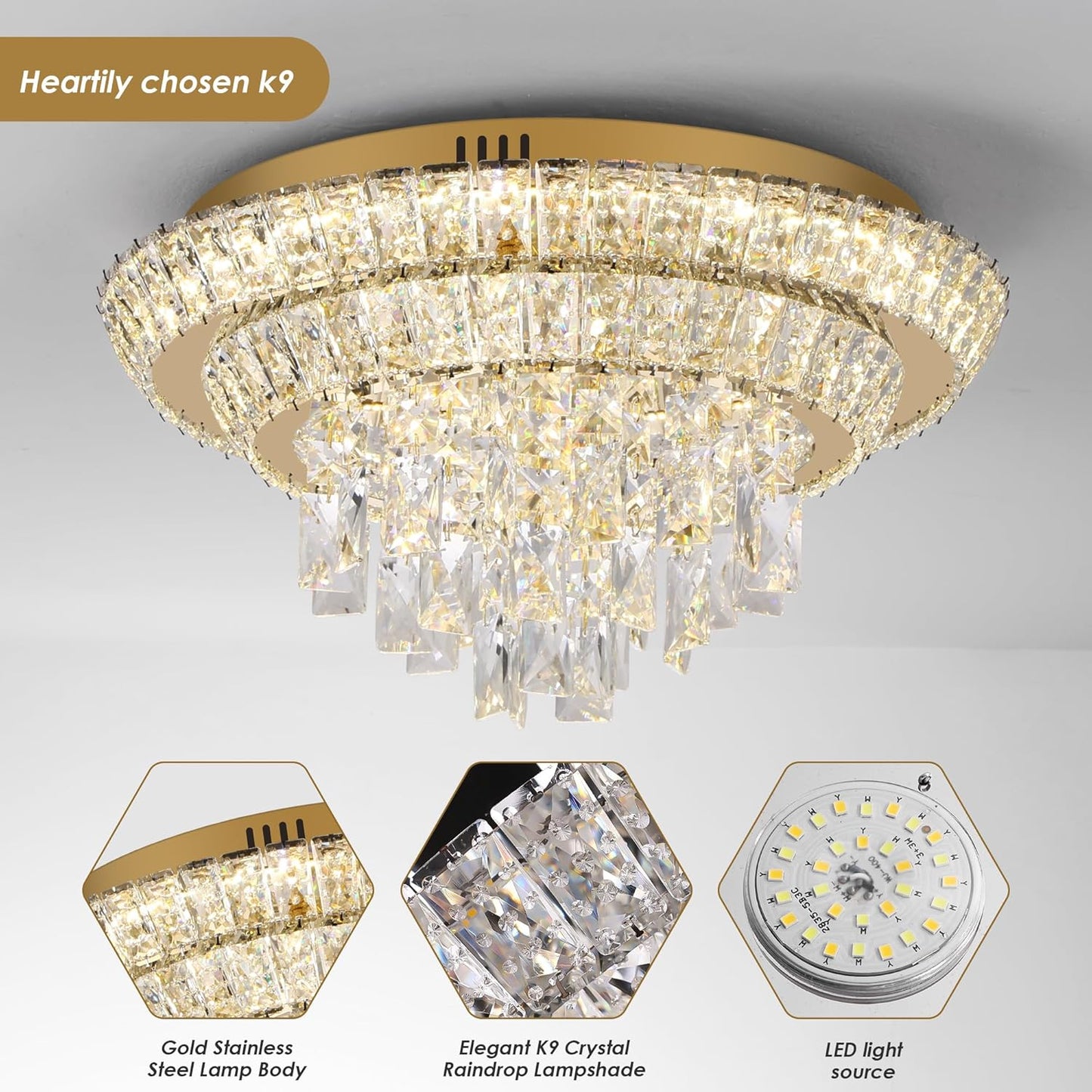 18 inch Crystal Gold Ceiling-Light Flush Mount with Remote Control and APP, 3CCT Dimmable & Brightness Adjustable, Modern Crystal Raindrop Chandeliers for Bedroom Hallway Dinning Room Living Room