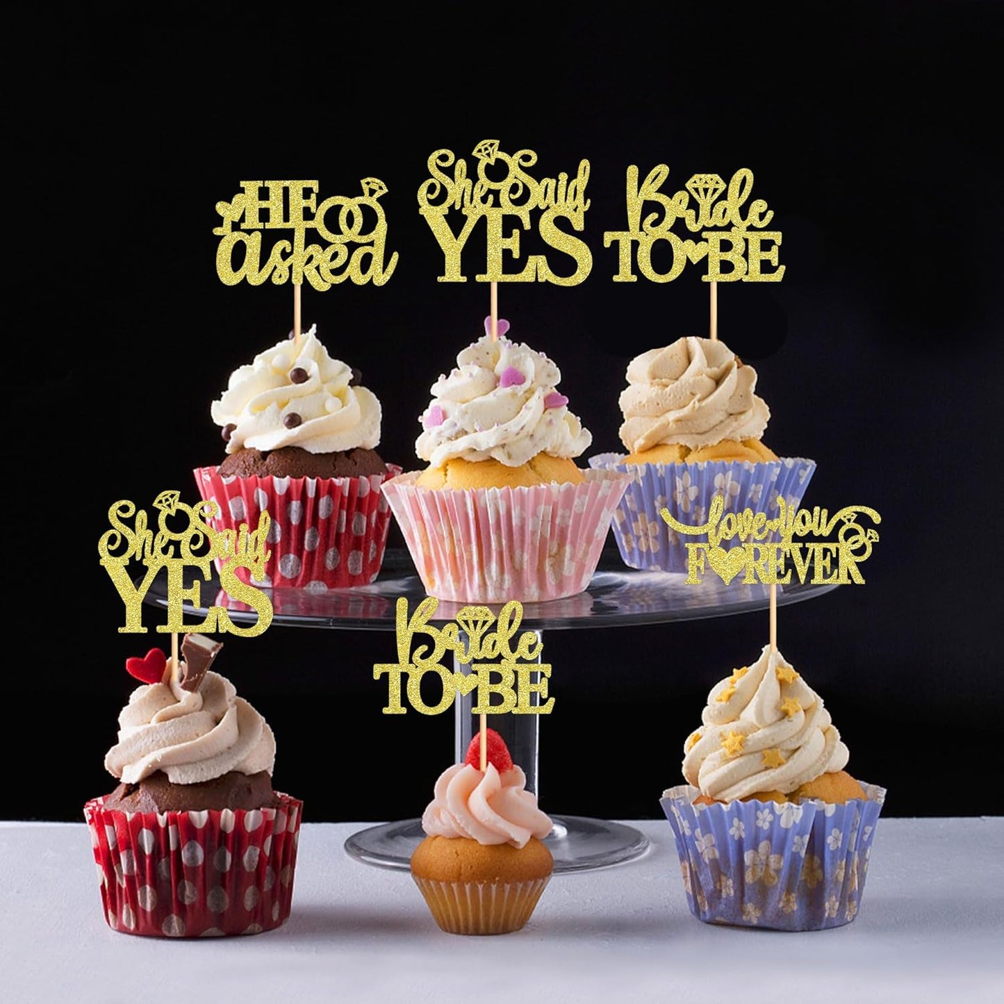 24 Pcs He Asked She Said Yes Cupcake Toppers Cake Picks for Wedding Engagement Party Cake Picks for Wedding Bridal Shower Party Cake Decorations golden