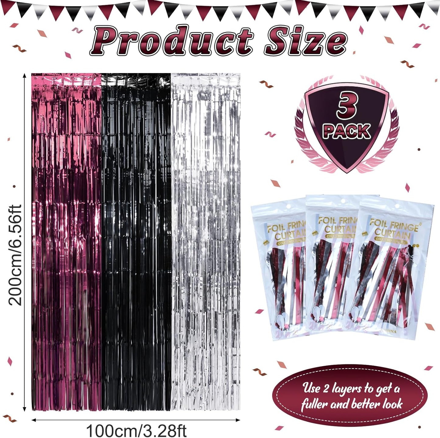 3 Pack 3.3Ft x 6.6Ft Graduation Foil Fringe Curtain Backdrop Decorations, Maroon Black Silver Metallic Tinsel Foil Streamers Curtain Photo Booth Background for Graduation Prom Wedding Birthday Party
