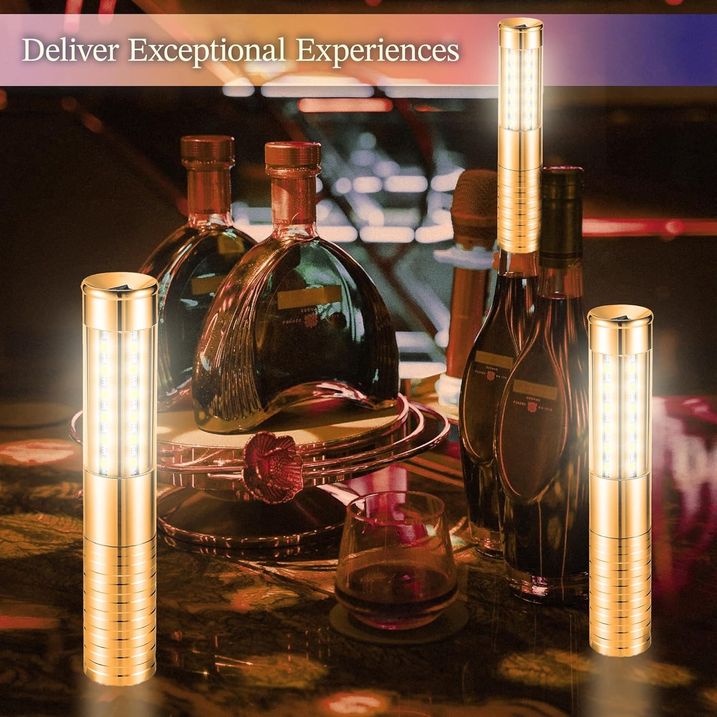 4 Packs Rechargeable LED Strobe Baton Lights Reusable Bottle Service Lights for Liquor Bottles Handheld Service Sparklers for Club Weddings Concert Outdoor Events (Gold-White Light, 4)