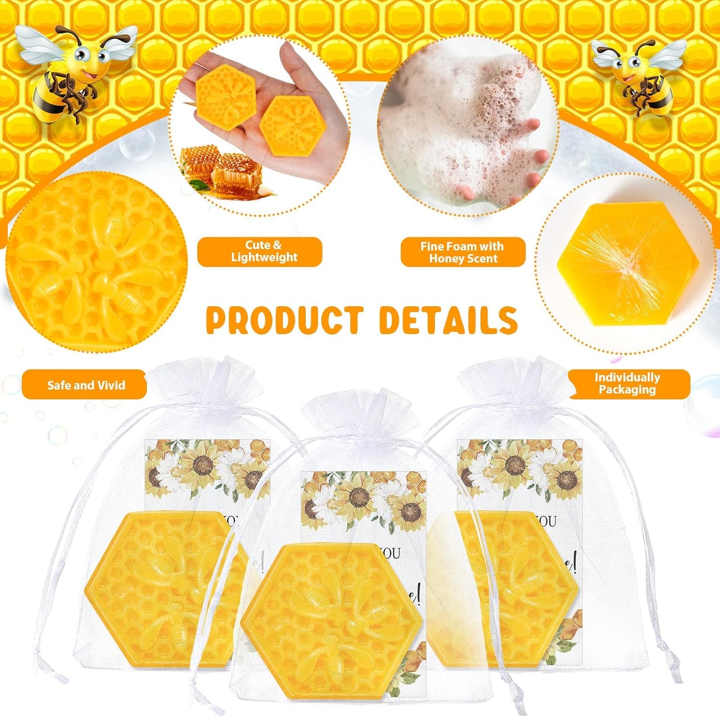 Demissle 50 Set Bee Themed Baby Shower Favors Including Honeycomb Soap with Thank You Card Gift Bags Honey Soap Gift for Guest Gender Reveal Party Decorations Baby Shower Game Prizes