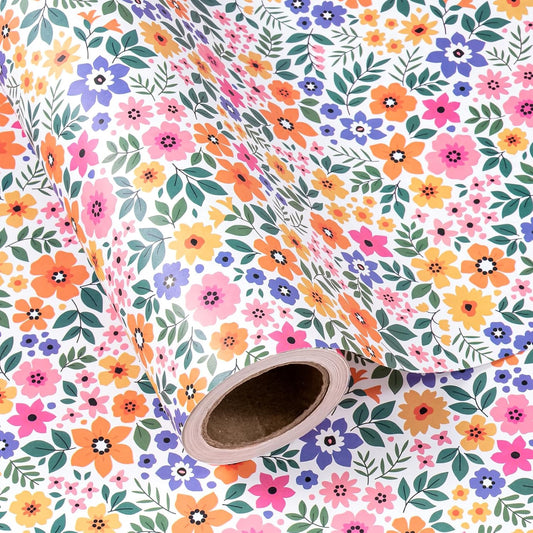 WRAPAHOLIC Kraft Floral Wrapping Paper Roll - Mini Roll - 17 Inch x 16.5 Feet - Ditsy Flower Wrapping Paper, Perfect for Wedding, Birthday, Bridal Shower, Tea Party