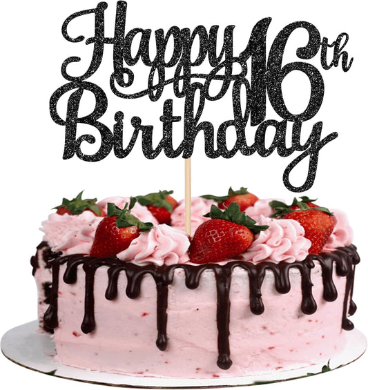 1 PCS Happy 16th Birthday Cake Topper Glitter Cheers to 16 Years Birthday Cake Pick Sweet 16 Fabulous Cake Decoration for Happy 16th Birthday Theme Party Decorations Supplies Black