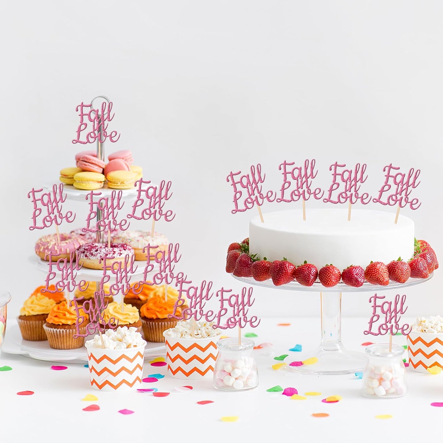 24 PCS Fall in Love Cupcake Toppers Glitter Fall Theme Party Cupcake Picks Bridal Shower Cupcake Decorations for Autumn Wedding Engagement Anniversary Birthday Party Cake Decorations Supplies Pink