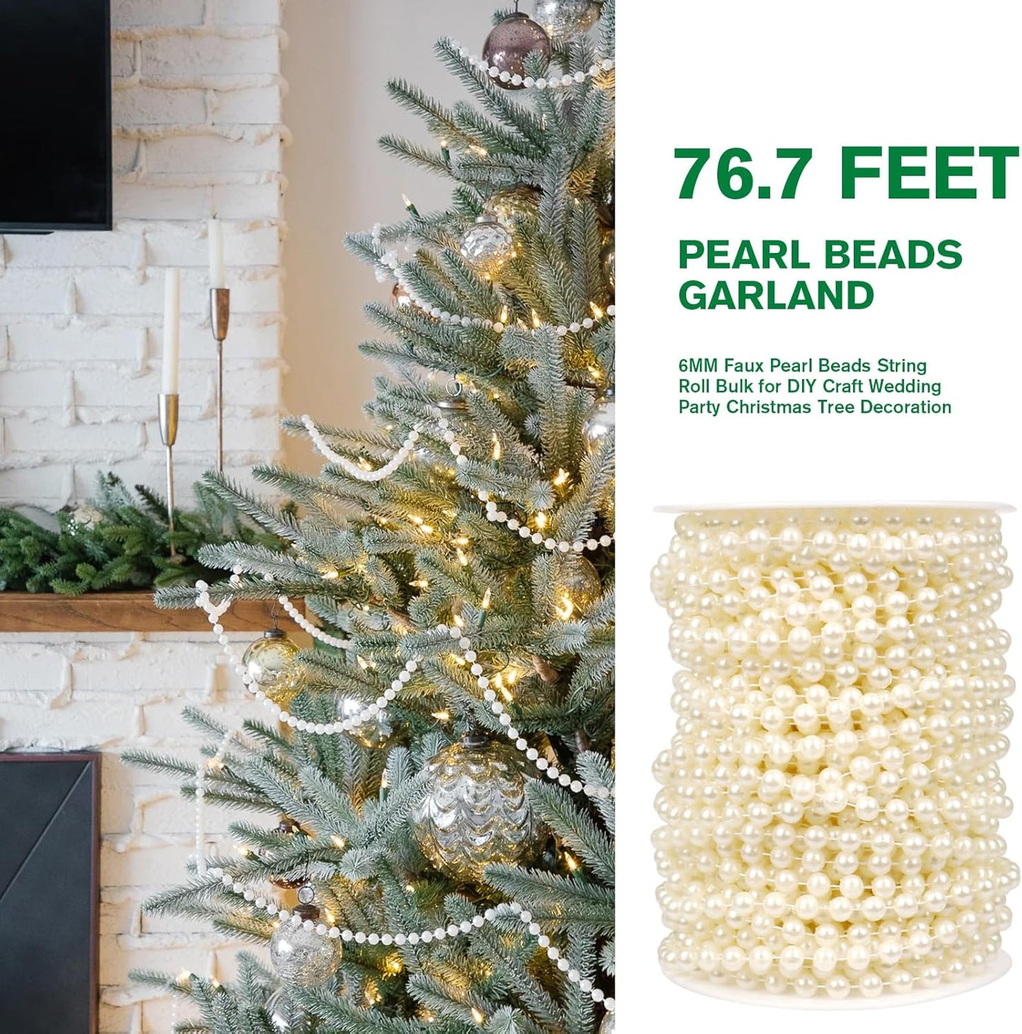 [76.7 Feet] Pearl Beads Garland, 6MM 25.5 Yards Faux Pearl Beads String Roll Bulk for DIY Craft Wedding Party Christmas Tree Decoration