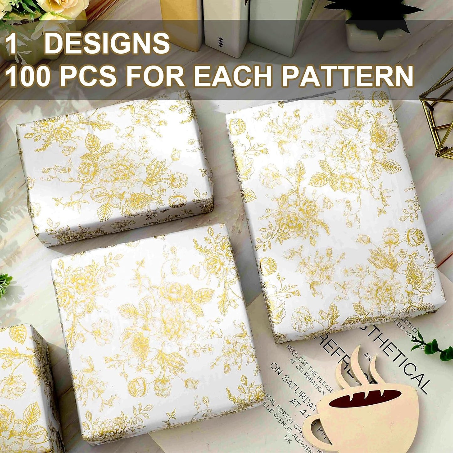 JarThenaAMCS 100 Sheets Floral Tissue Paper Gold Flower Gift Wrapping Paper Vintage Decorative Art Paper for Home Party DIY Crafts Supplies, 14 x 20 Inch