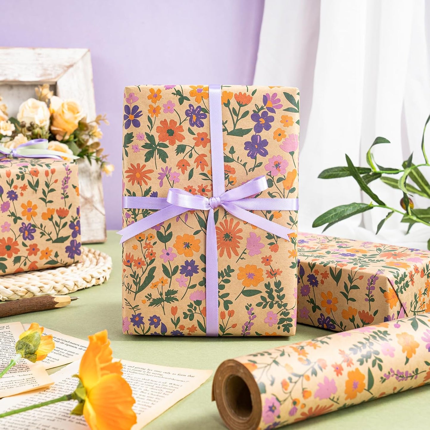 WRAPAHOLIC Kraft Floral Wrapping Paper Roll - Mini Roll - 17 Inch x 33 Feet - Vintage Flower Wrapping Paper, Perfect for Wedding, Birthday, Bridal Shower, Tea Party