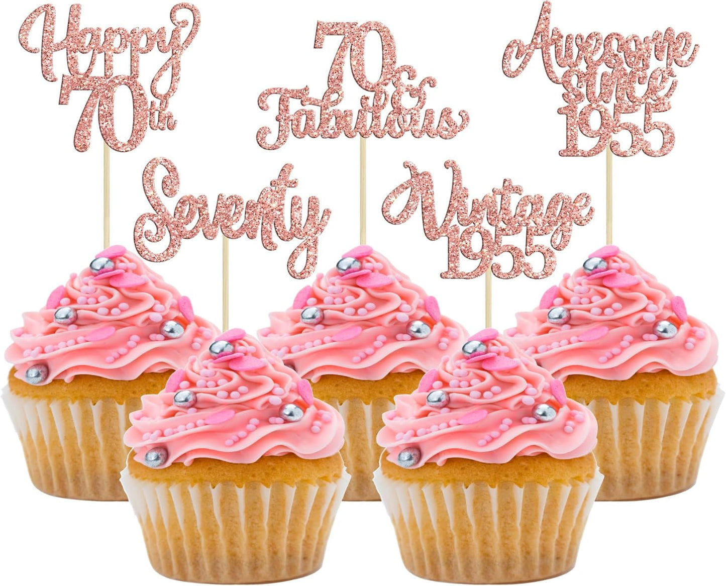 30Pcs Vintage 1955 Cupcake Toppers Glitter Seventy 70 Fabulous Happy 70th Birthday Cupcake Picks Cheers to 70 Years for 70th Birthday Anniversary Party Cake Decorations Supplies Rose Gold