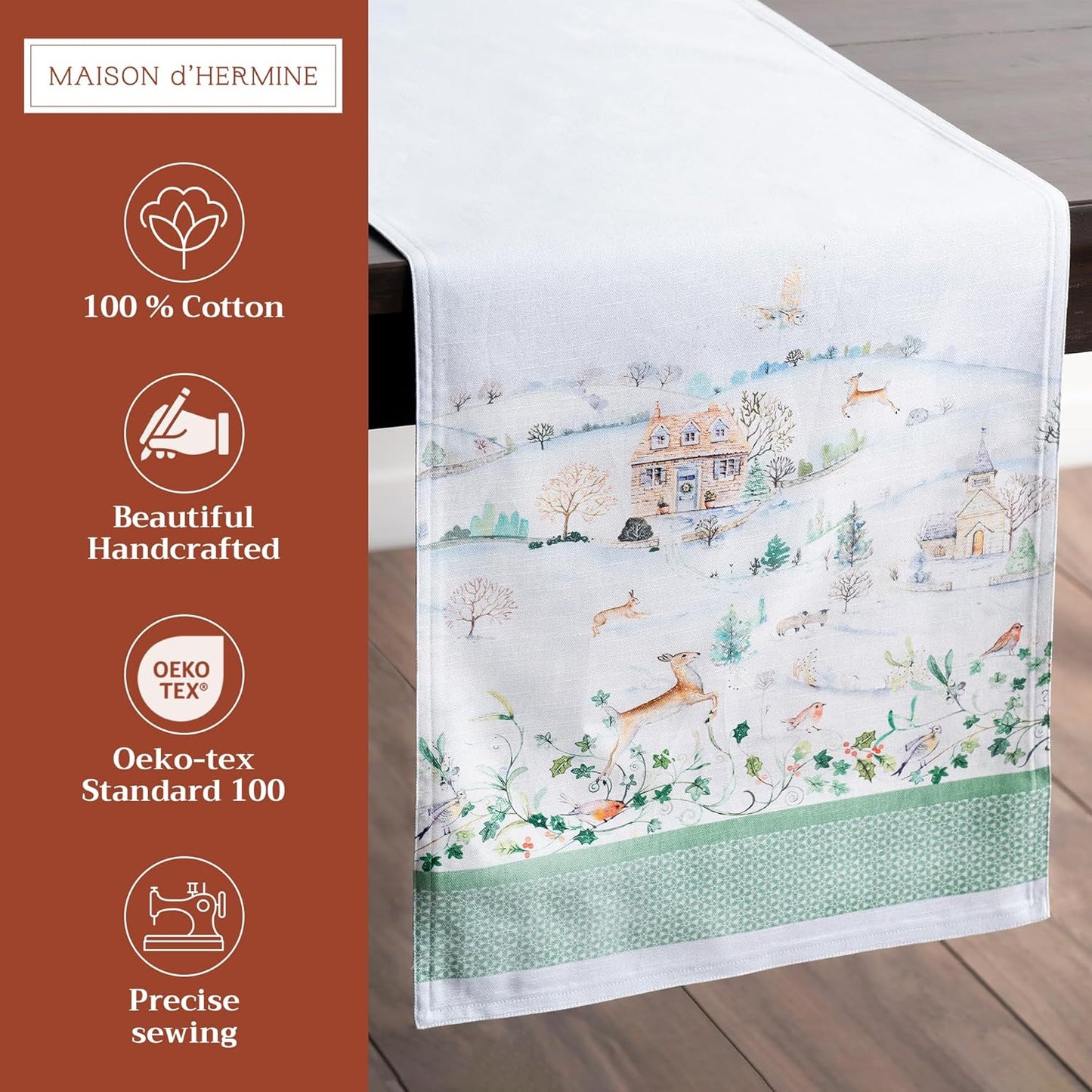 Maison d' Hermine Table Runner 100% Cotton Double Layer Table Runners 72 inches Long for Thanksgiving Christmas Decorations Home Kitchen Dining Party Wedding (Snowy World, 14.5" x 72")