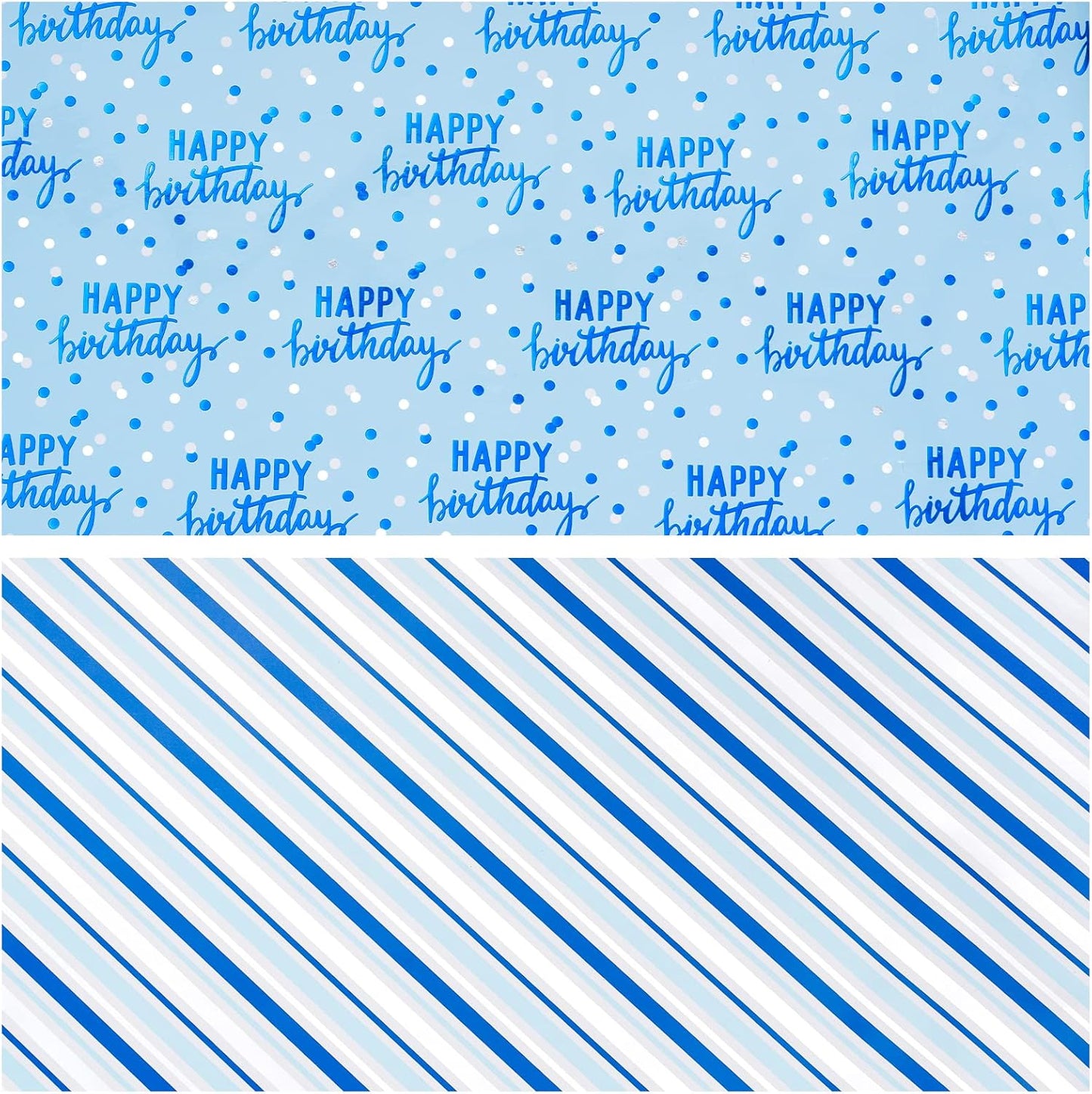 LeZakaa Reversible Blue Birthday Wrapping Paper Roll for Boys Men, Happy Birthday Lettering & Stripe Pattern with Metallic Foil in Blue, 30in x 32.8Ft