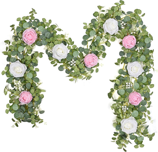 Waipfaru 2Pack 6.07FT Artificial Eucalyptus Garland with Flowers, Fake Rose Gypsophila Floral Garland, Floral Vines for Wedding Table Backdrop Party Centerpiece Room Decor