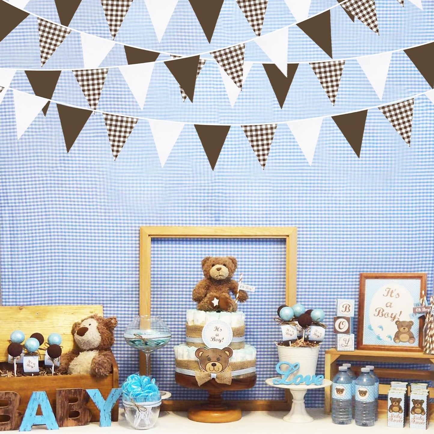32Ft Coffee Brown Party Decorations Brown Buffalo Plaid Checkered White Triangle Flag Gingham Pennant Bunting Fabric Garland for Woodland Teddy Bear Baby Shower Birthday Home Outdoor Garden Decor