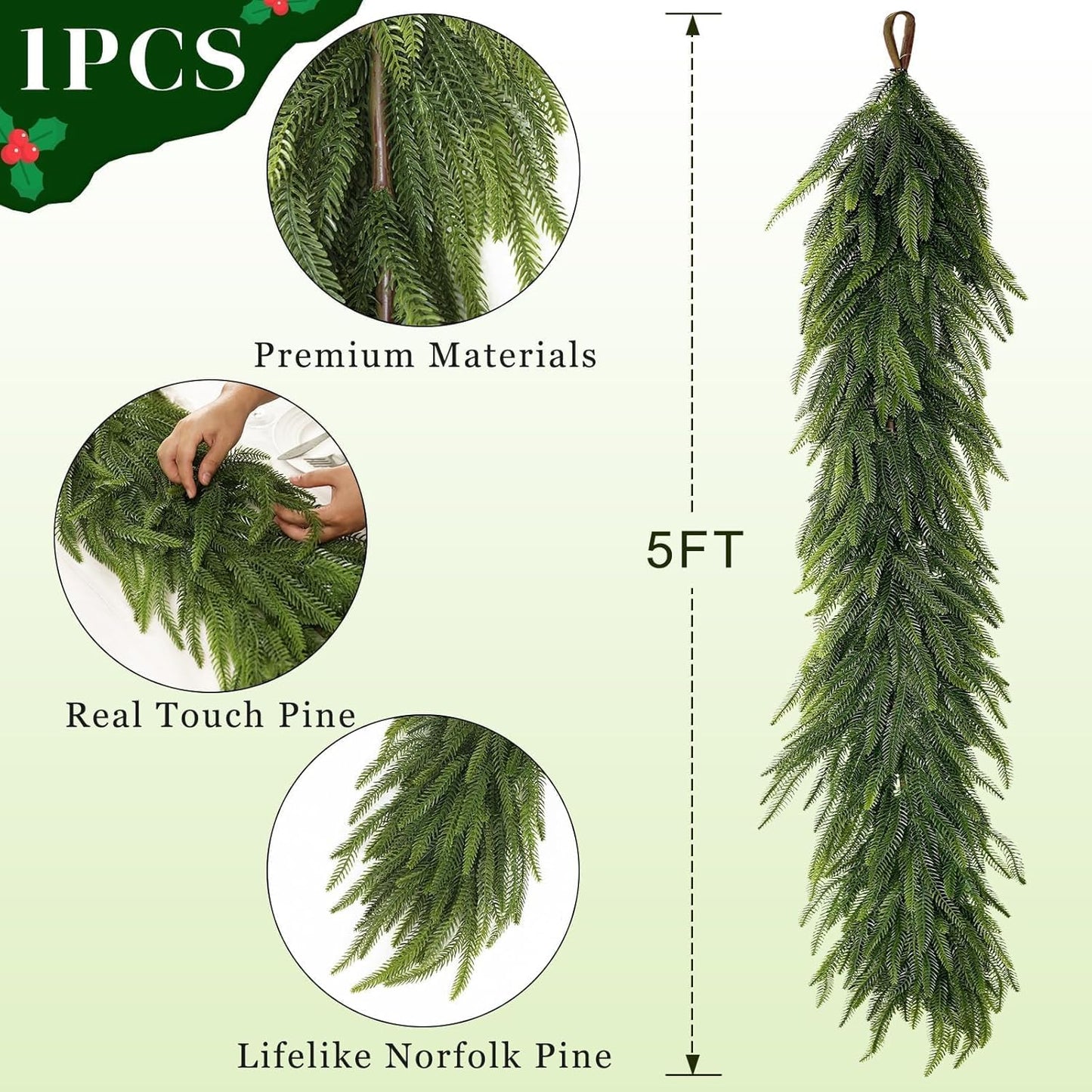 5FT Christmas Norfolk Pine Garland -1PCS, Artificial Pine Needles Garlands Faux Greenery Fake Garland for Holiday Fireplace,Table,Window,Stairs,Mante,Indoor Outdoor Decor