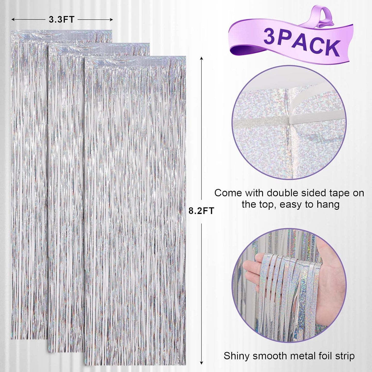 3 Pack 3.3x8.2 Feet Laser Silver Foil Fringe Backdrop Curtains, Tinsel Streamers Birthday Party Decorations, Fringe Backdrop for Graduation, Baby Shower, Gender Reveal, Disco Party
