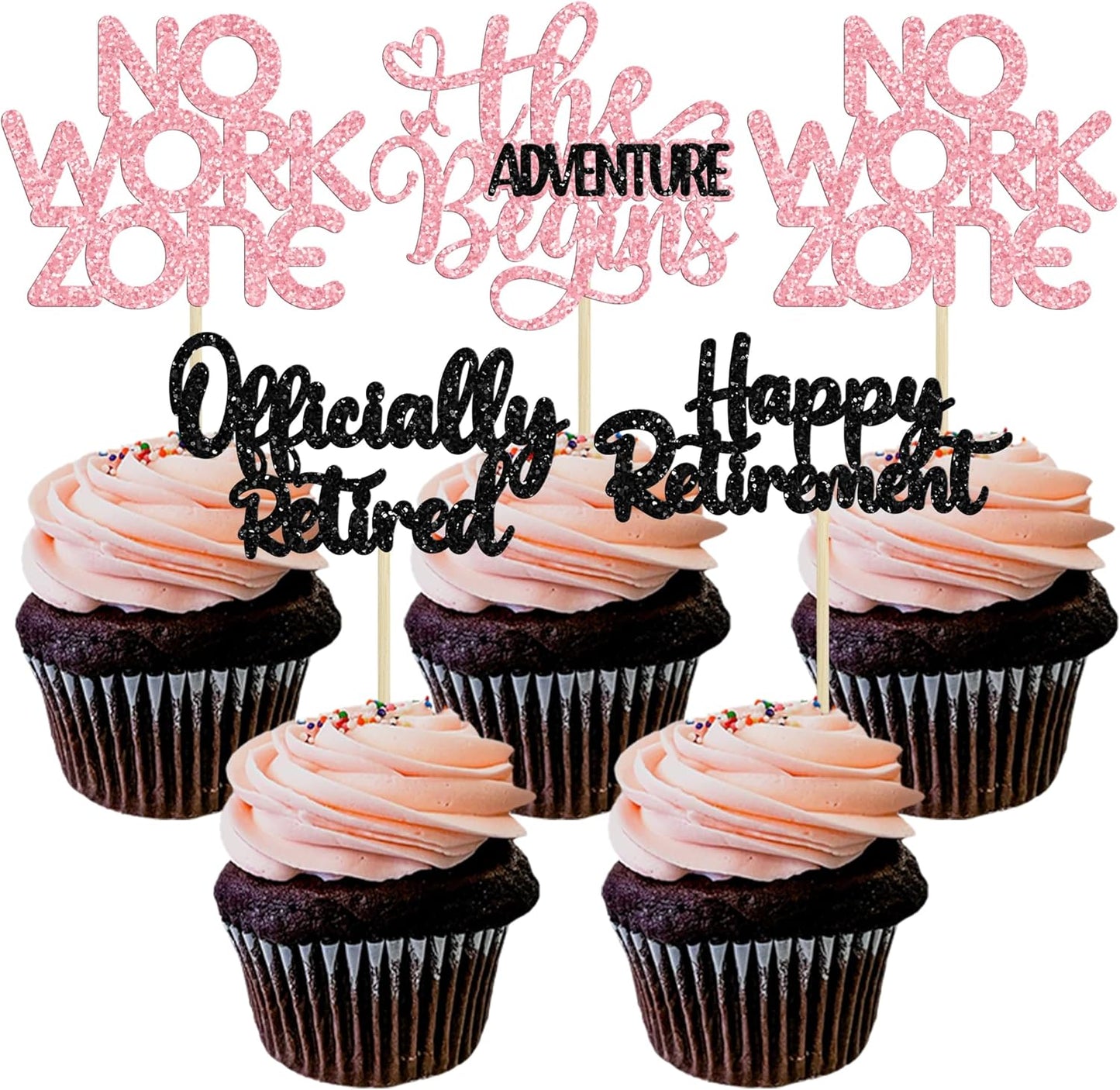 24Pcs Happy Retirement Cupcake Toppers Officially Retired Cake Toppers No Work Zone Adventure Begins Cupcake Picks Retirement Theme Farewell Birthday Party Decorations Supplies Pink Black