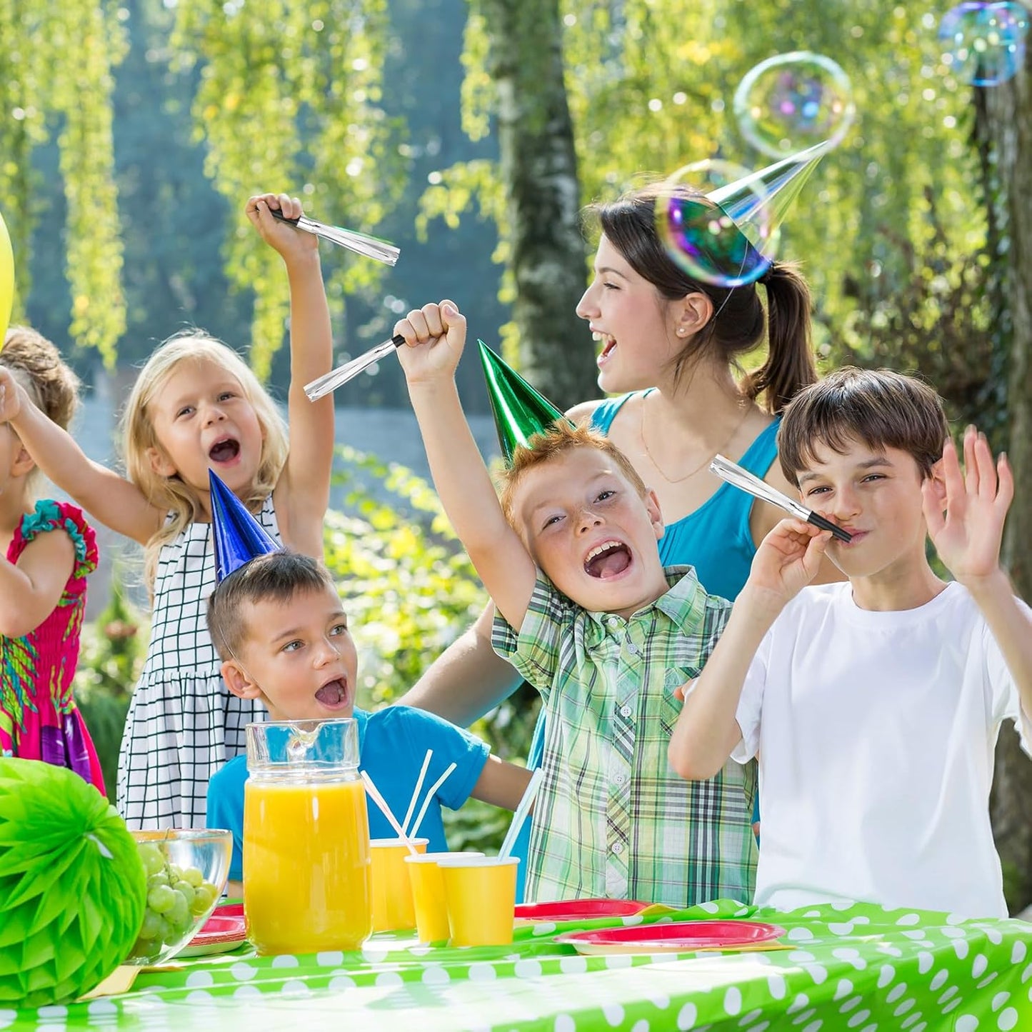 24 Pcs Noise Makers Glitter Metallic Fringed Noise Makers Horns for Baby Shower, Kids Birthday, New Year Party Favor - Silver