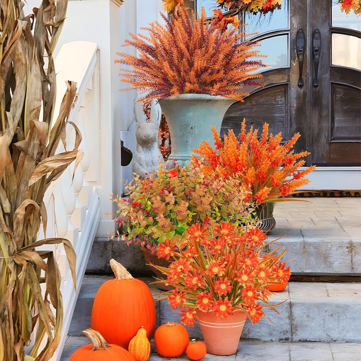 64 Pcs Outdoor Fall Flowers UV Resistant Faux Fall Plants with Fall Daisy Eucalyptus Lavender Artificial Autumn Flowers Greenery for Outside Home Porch Patio Thanksgiving Decoration