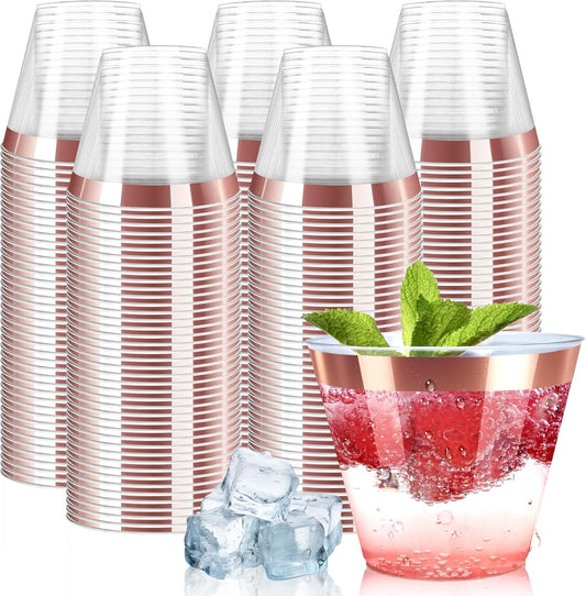 [200 Pack] 9oz Clear Plastic Cups with Rose Gold Rimmed Sturdy & Food Safe Disposable Wine Glasses Party Wedding Disposable Drinking Cups Plastic Cocktail Glasses for Wine, Juice & Cold Beverages