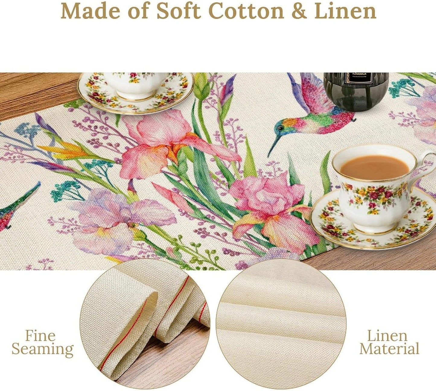 Hummingbird Table Runner,Pink Floral Country Style Table Runner for Kitchen Dining Table Home Party Decoration 13x36 Inch