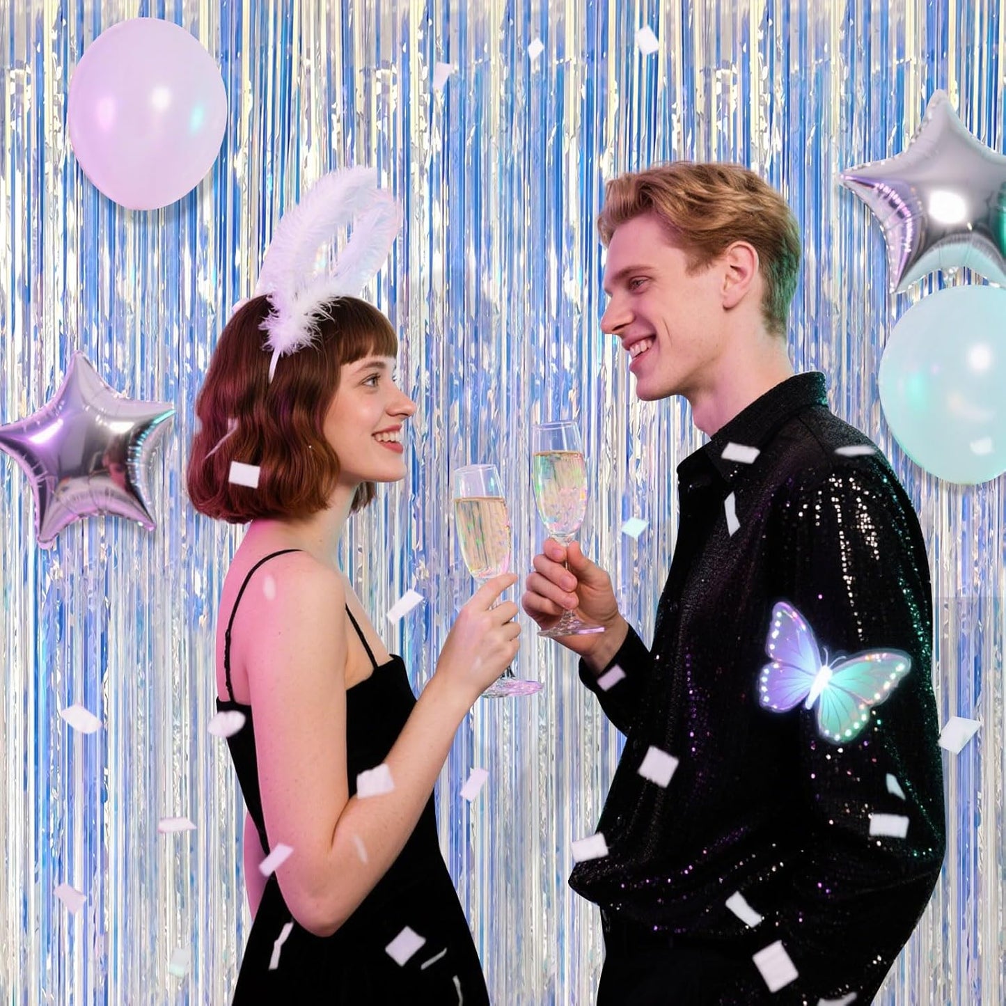 5 Pack Iridescent Neon Party Decorations Sparkly Tinsel Backdrop Foil Fringe Curtain Glitter Curtains for Birthday Party Ocean Theme Valentines Bachelorette Holiday Decorations