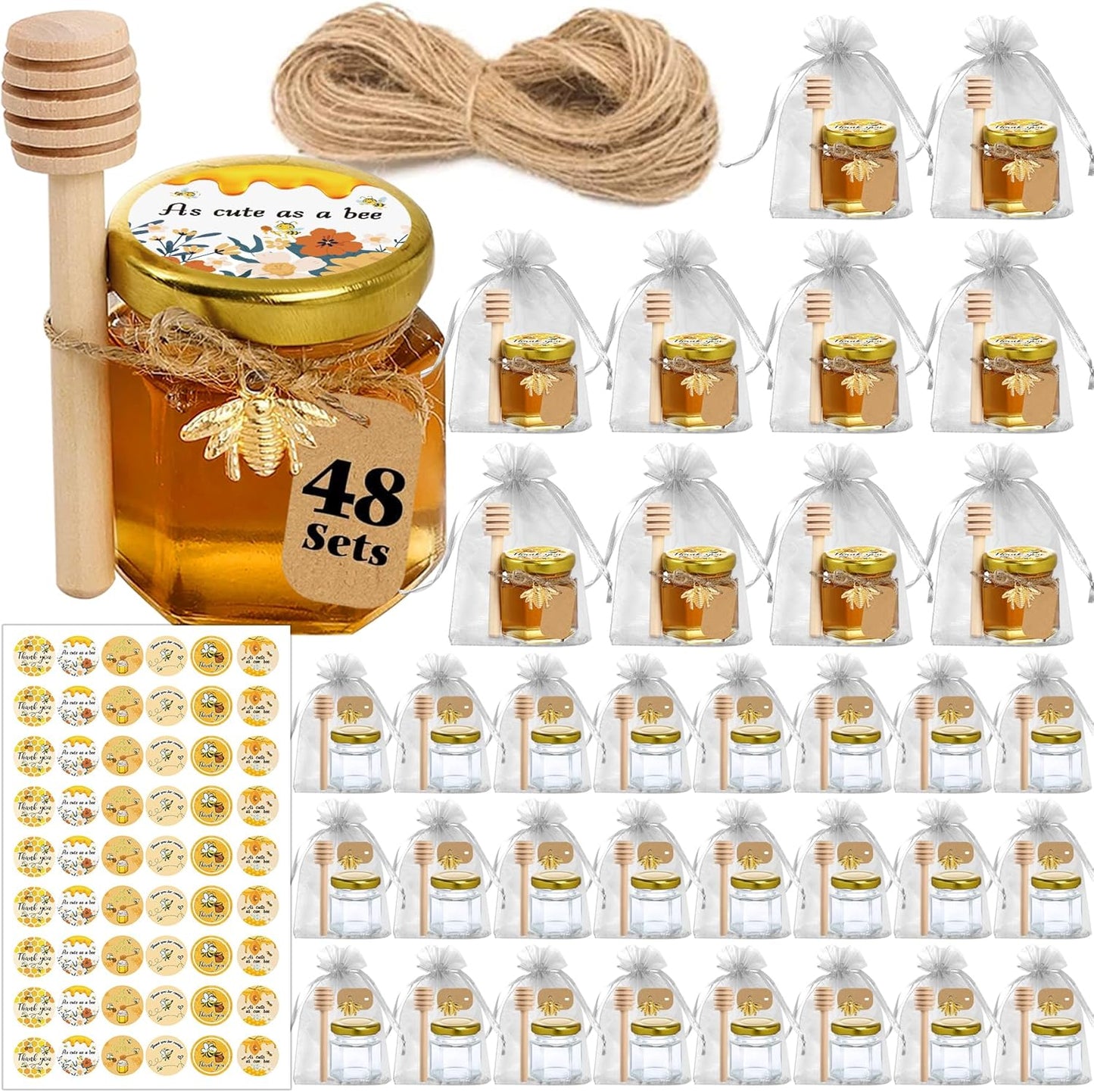 Aliggbent 48 Pack Mini Honey Jars Party Favors in Bulk, 1.5 oz Small Hexagon Glass Honey Jars with Dippers, Lids, Cute Stickers, Bee Charms, Gift Bags and Jute for Baby Showers, Weddings & Birthdays