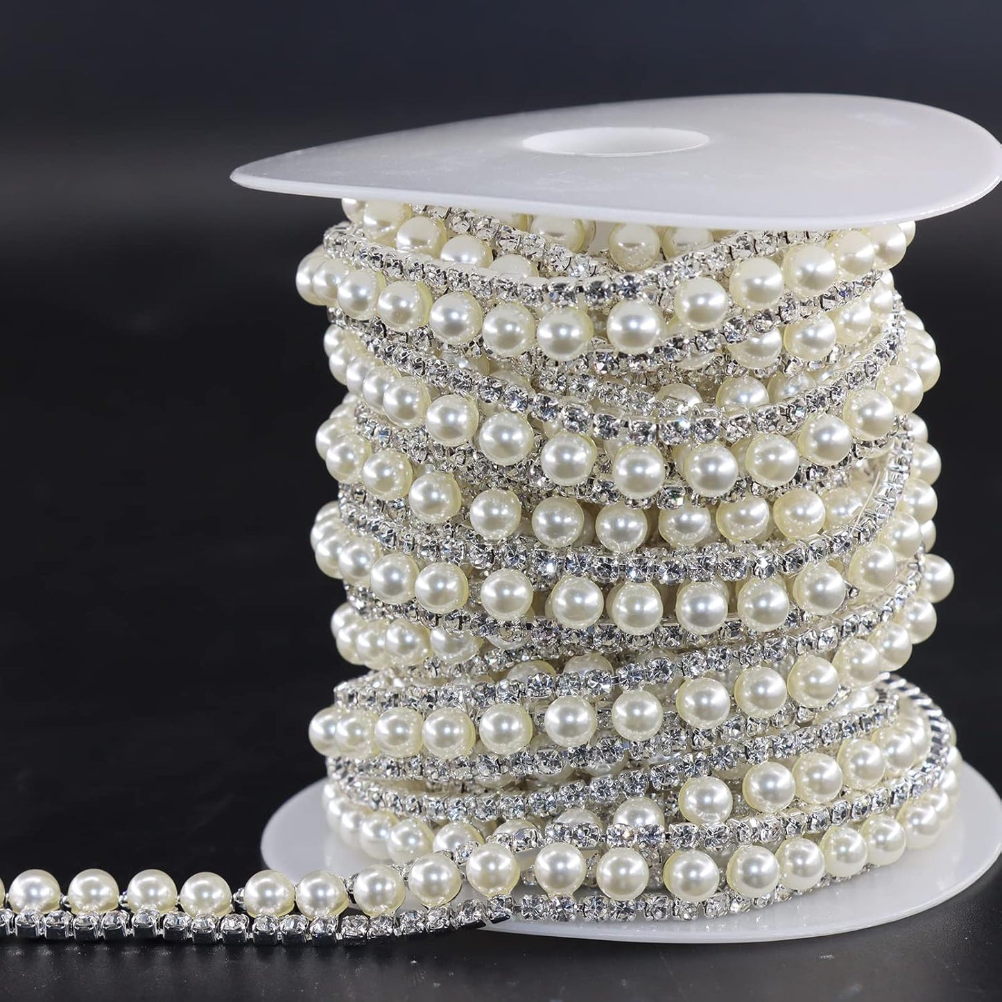 Jerler Rhinestone Trim Applique 5 Yards 2 Rows Crystal Chain Banding Diamond Inlaid White Pearl Beaded Rhinestones for Crafts Clothing and Bridal Embellishments Wedding Ideas Christmas Decorations