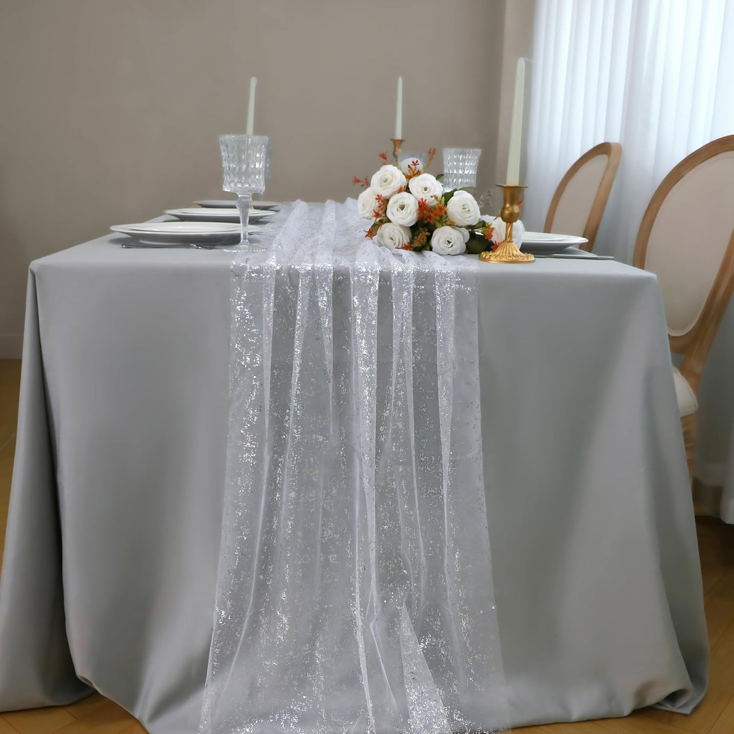 Snowkingdom 6 Pcs 10 FT Silver White Cheesecloth Table Runner Sheer Chiffon Gauze Runner, Sequin Glitter Silver Table Decoration Centerpieces for Wedding Birthday Christmas Bridal Baby Shower