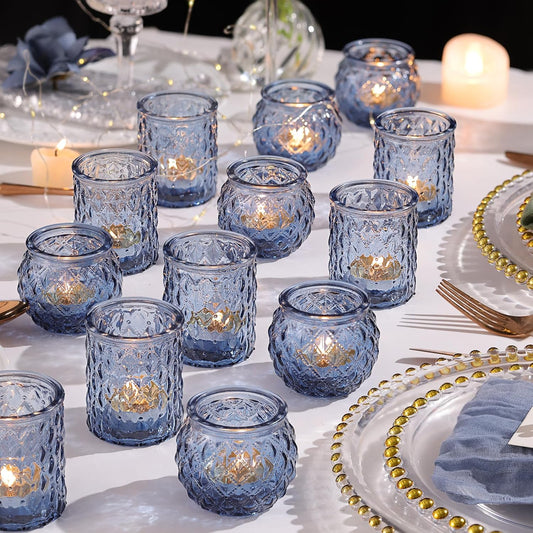 12pcs Assorted Blue Votive Candle Holders, Tea Lights Candle Holder for Wedding Decor, Blue Candle Holders for Table Centerpiece, Bridal Shower, Baby Shower Decorations