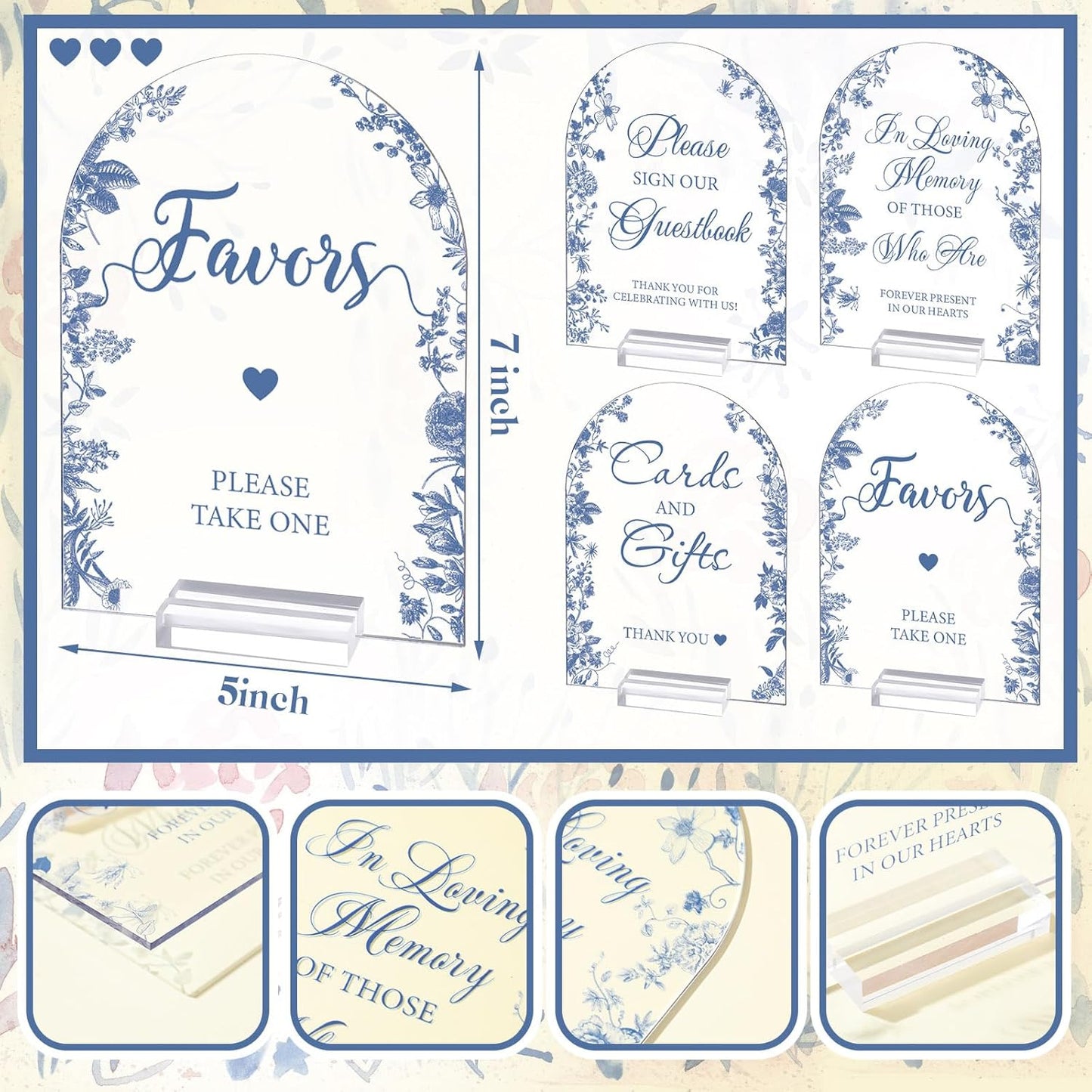 4 Pcs Flower Acrylic Wedding Signs for Ceremony and Reception Guest Book Wedding Cards and Gifts Sign Please Take One Couple Loving Memory table Decor(Blue Flower)