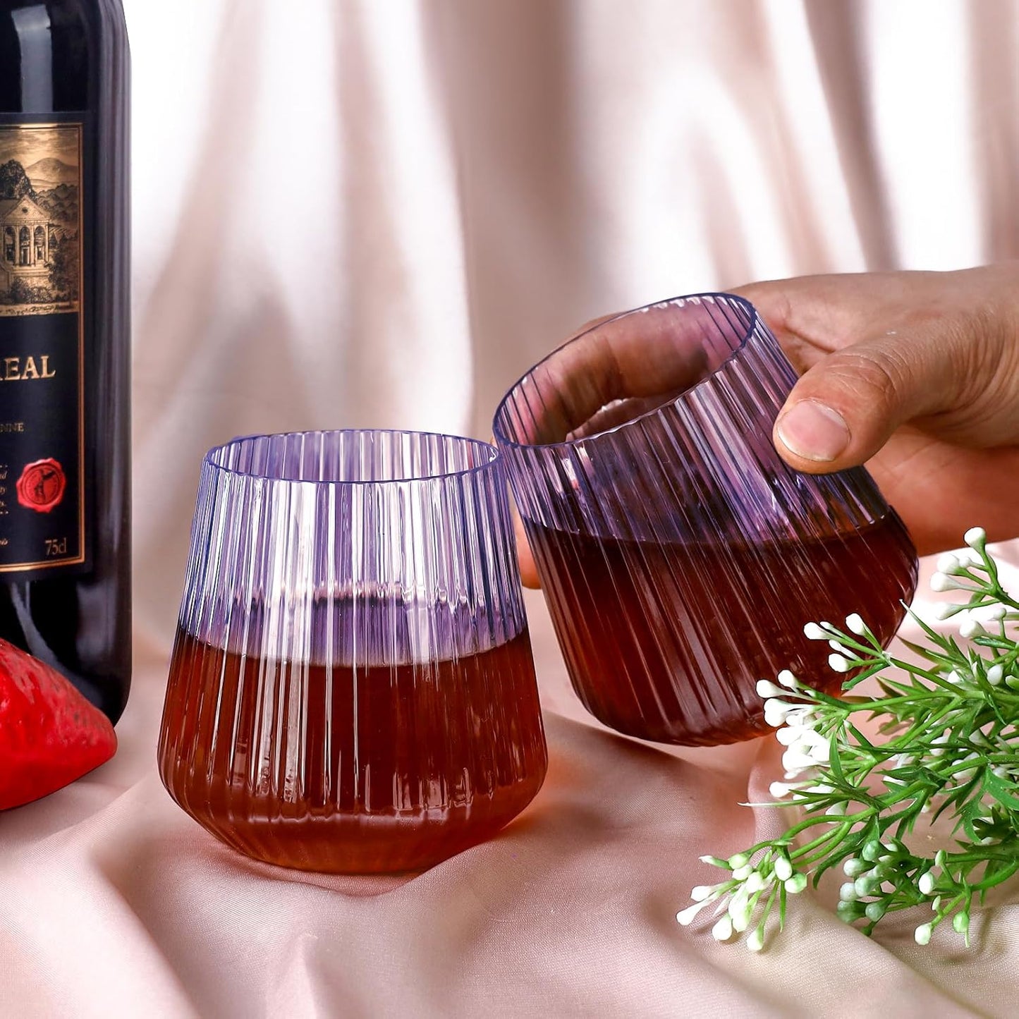 40 Pack Plastic Ribbed Wine Glasses, 14Oz Origami Disposable Wine Glasses Unbreakable Clear Plastic Cocktail Glasses Recyclable Shatterproof Reusable Wine Cups (14oz-blue-40pack)