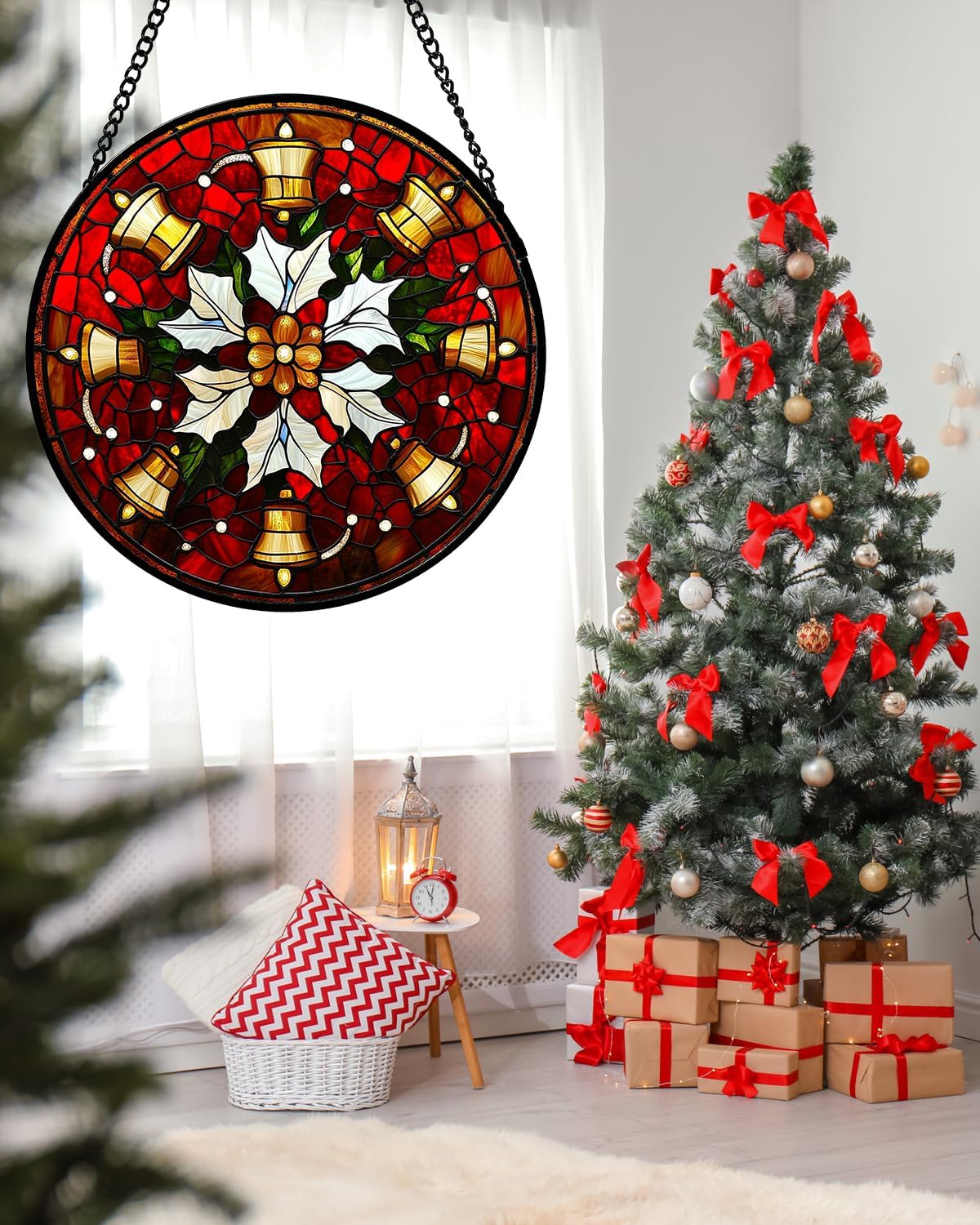 Stained Glass Window Hanging - Golden Bells Flowers Suncatcher for Doors Home Christmas Decoration Winter Sun Catcher Thanksgiving New Year Birthday Gift for Friend Women Men Mom Nana 9.8 in