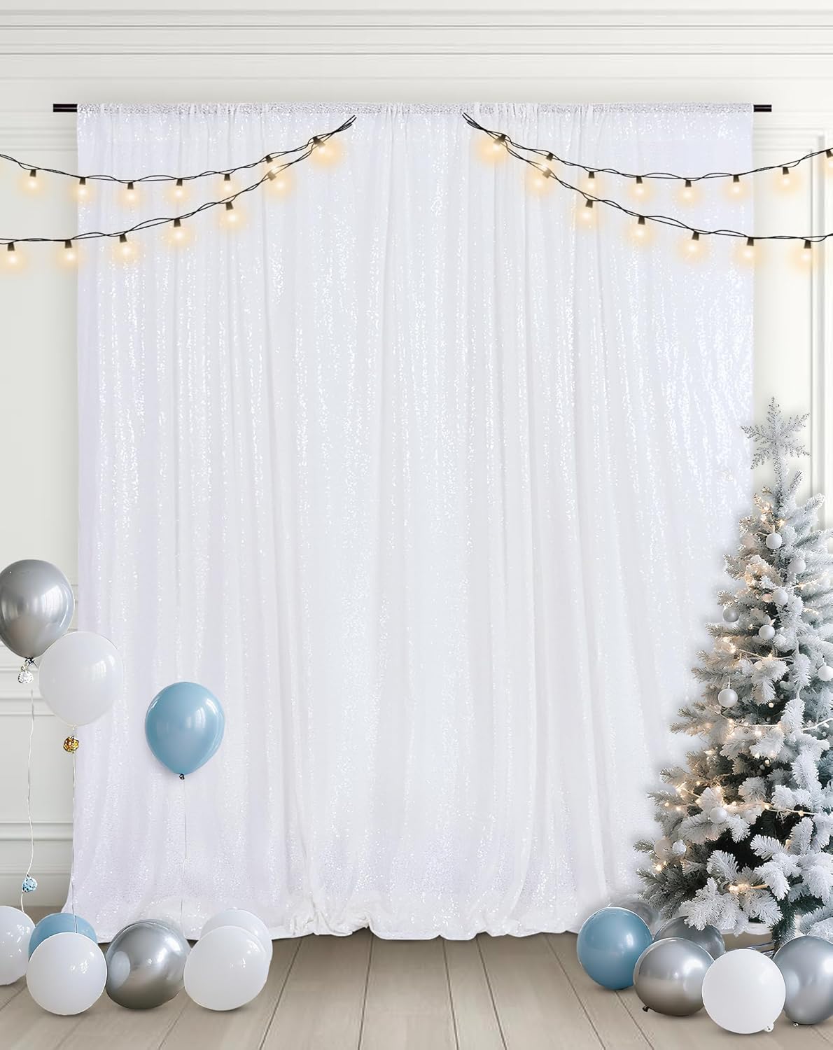 Eternal Beauty White Sequin Backdrop, 5x7 Ft Glitter Background Curtains for Christmas Shimmer Photography Party Wedding Birthday Back Drop Decor