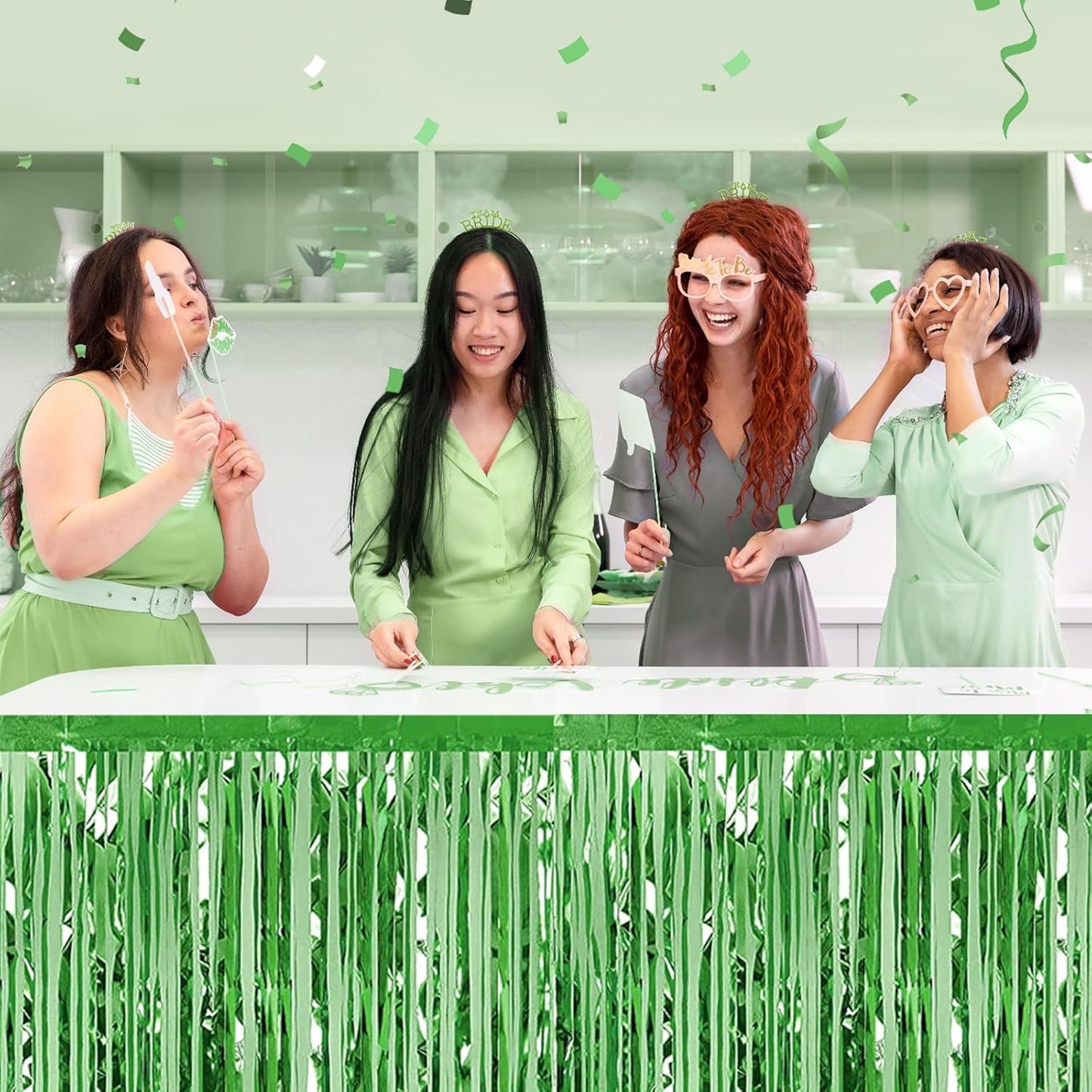 3 Pack 29 x108 Inch Light Green Foil Fringe Table Skirts Metallic Banner for Tinsel Streamer Garland Backdrop for Parade Floats Wedding Thanksgiving Birthday Christmas New Year Party Decoration