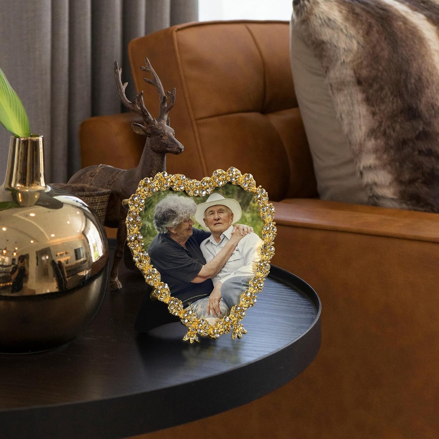 Heart Shaped Wedding Picture Frames for Couple - Beaded Crystal 4x4 Picture Frame – Engagement Gift, Wedding Gift for newlyweds - Fits 3.5x3.5 photo - Valentine Picture Frame (Golden)