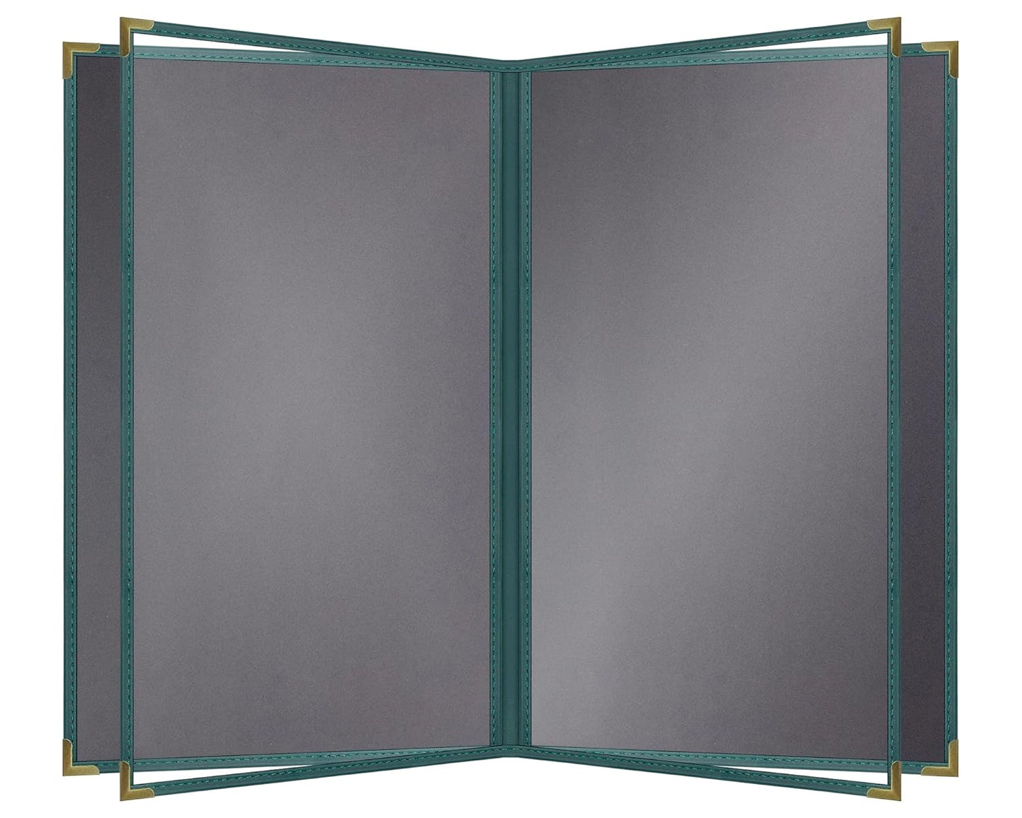 Goodsmart Pajco Style Restaurant Menu Covers – Pack of 10, Side-Loading Menu Holders, Single Stitched Edge, Clear Vinyl Menu Sleeves, Leatherette Trim, Gold Corners, Green, 6 View (8.5" x 14")