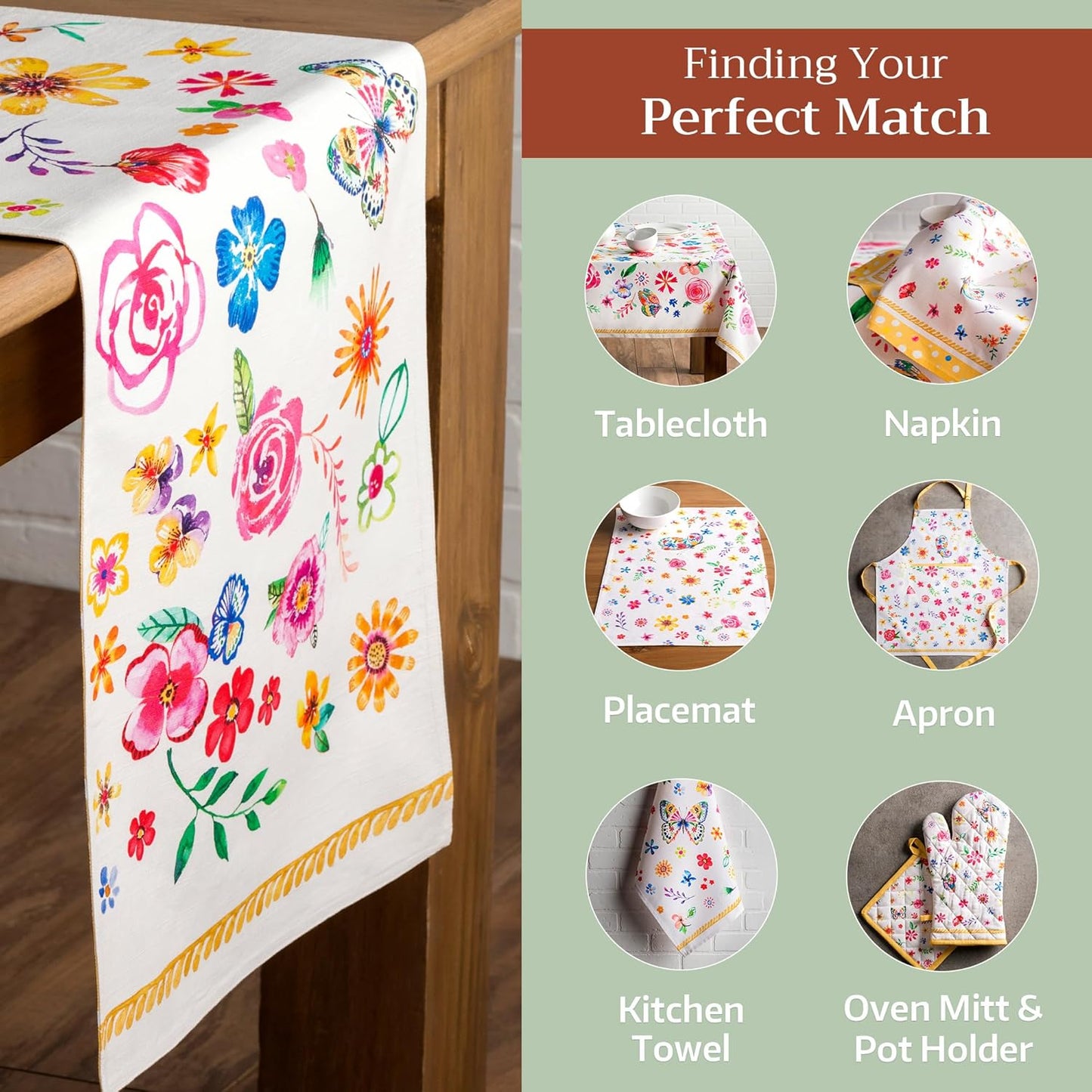 Maison d' Hermine Table Runner 100% Cotton Double Layer Table Runners 108 inches Long Decorative for Home Dining Party Wedding Bridal Shower Spring Summer (Happy Florals - Sweety, 14.50" x 108")