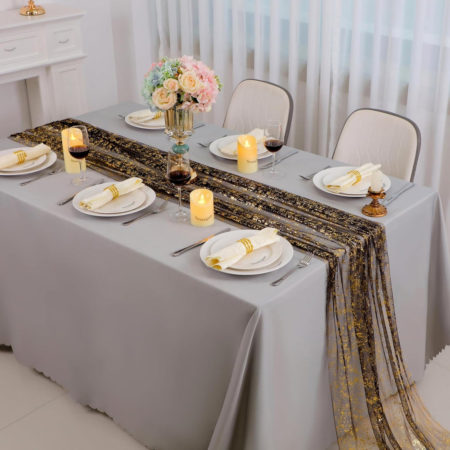 Snowkingdom 6 Pcs Black & Gold Cheesecloth Table Runner 10 FT, Sheer Chiffon Sparkle Gauze Mesh Runners 120 Inch, Glitter Table Centerpieces Decoration for Birthday Party Wedding Christmas Halloween