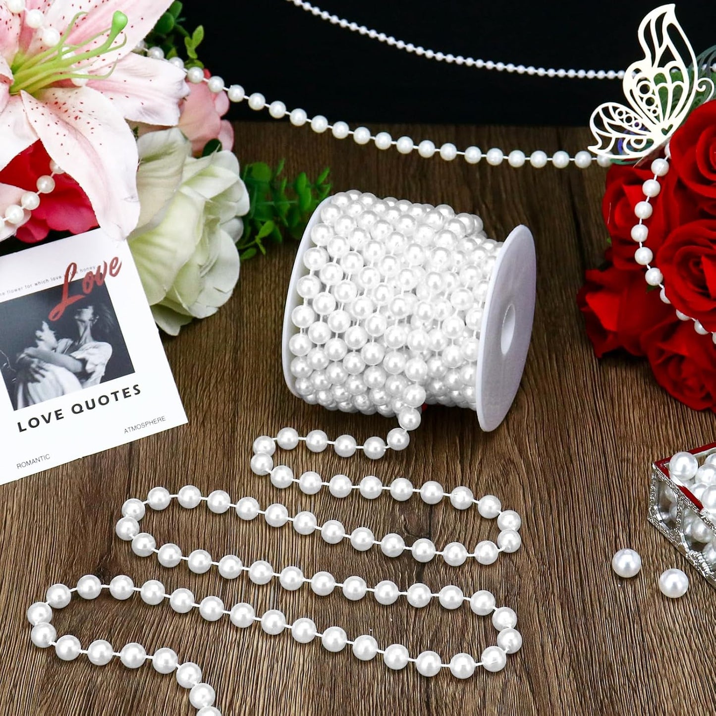 16 Feet 10mm Pearl Strings Garland for Crafts, Artificial Pearl Beaded Trim Chain Roll Strands for Wedding Centerpieces Bouquet Party Decoration Christmas Tree Garland, White