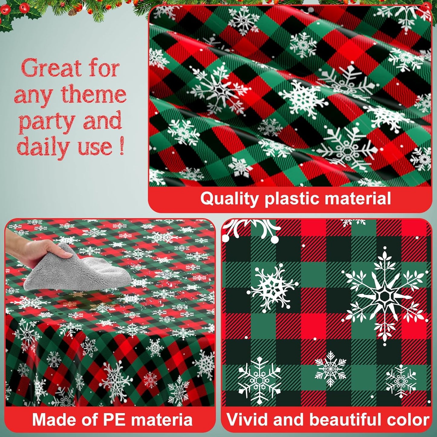 Jectivs 6Pcs Christmas Buffalo Plaid Snowflake Party Tablecloths Decorations,Plastic Red and Green Checkered Round Table Cover for Winter Christmas New Year Birthday Holiday Party Decorations,84 inch
